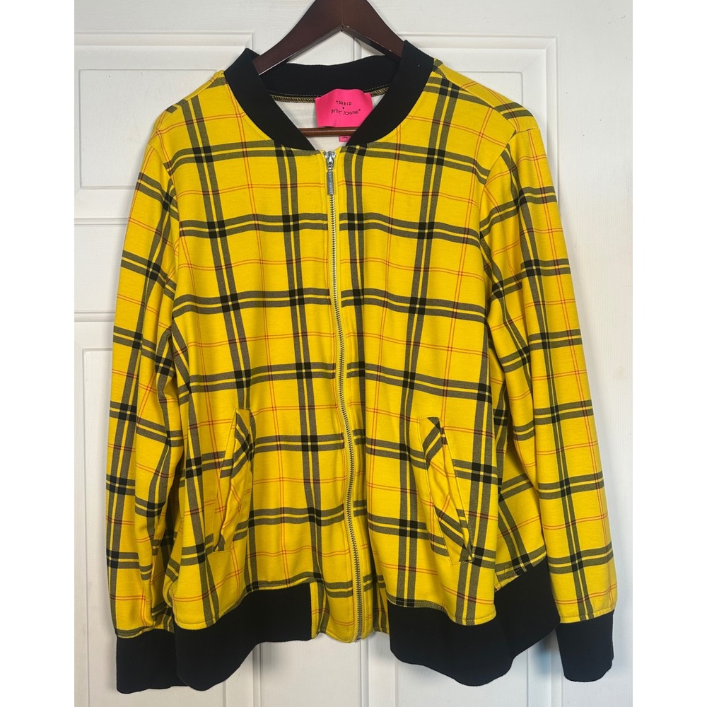 Torrid X Betsey Johnson Yellow Plaid Bomber Jacket with Black Trim